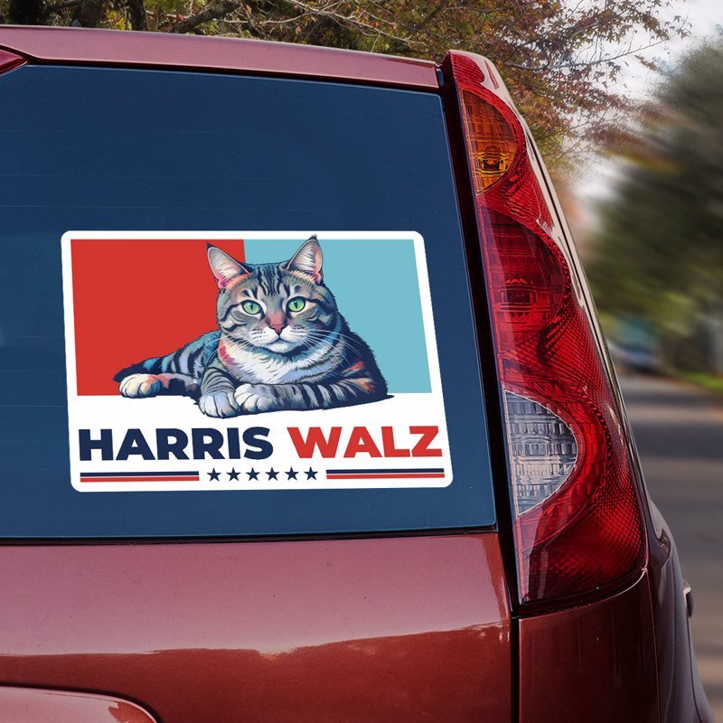 Harris Walz 2024 Obviously Democrat Cat Waterproof Car Decal, Kamala Harris Madam President, Vote Blue