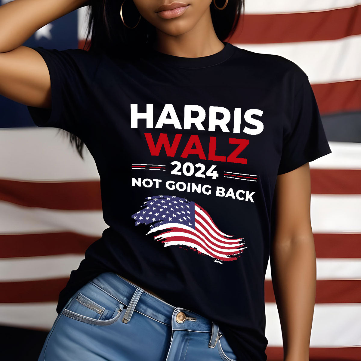 Harris Walz 2024 Not Going Back Distressed Flag Shirt, Vote Blue, Madam President