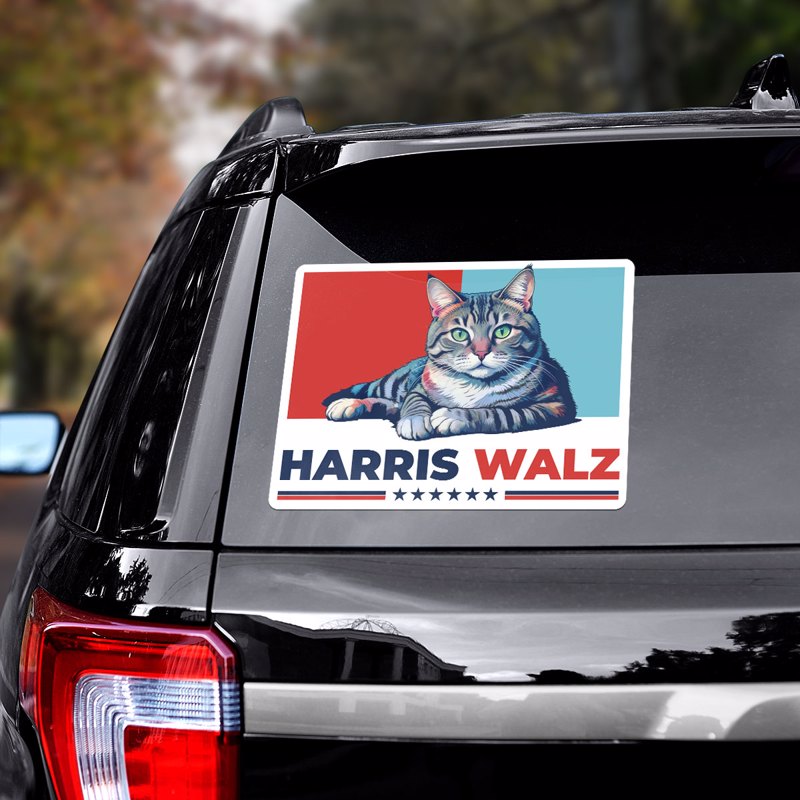 Harris Walz 2024 Obviously Democrat Cat Waterproof Car Decal, Kamala Harris Madam President, Vote Blue